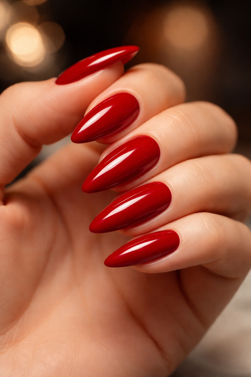 Cherry red almond nails with glossy finish