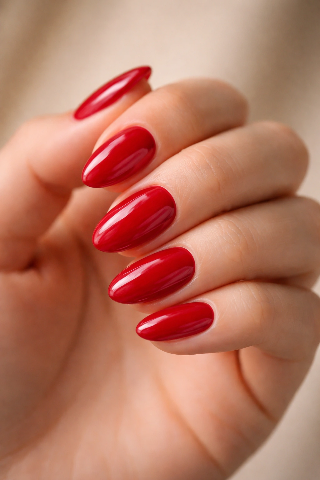 Close-up of short almond nails in cherry red with high-gloss finish