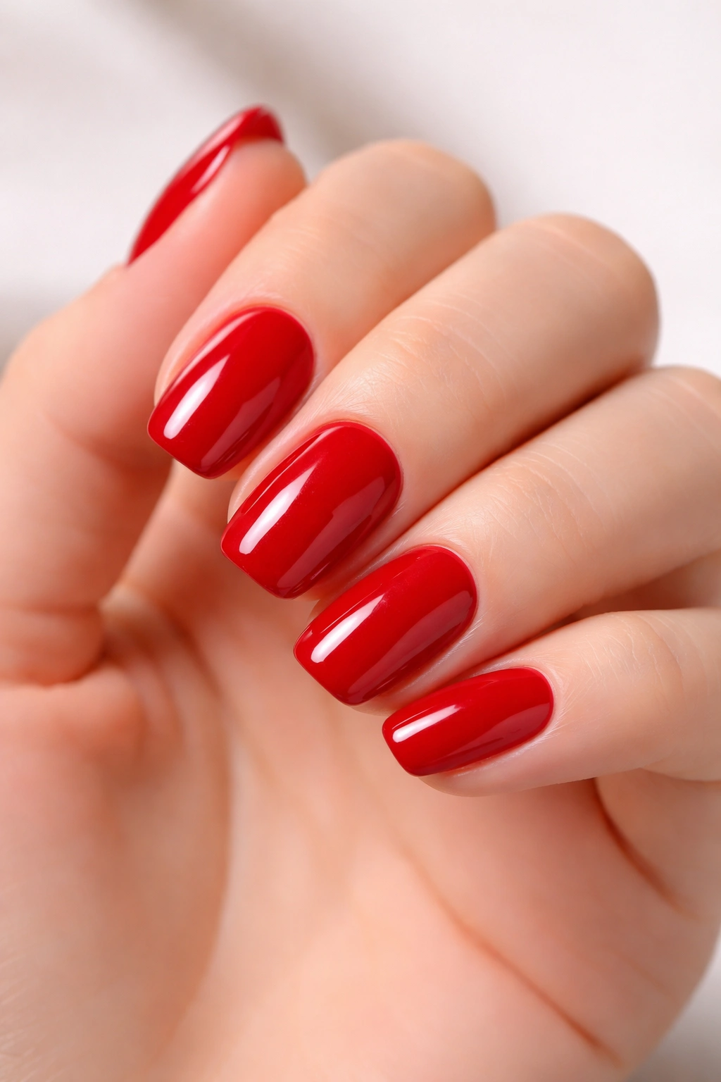 Close-up of glossy cherry red dip powder nails on natural nails