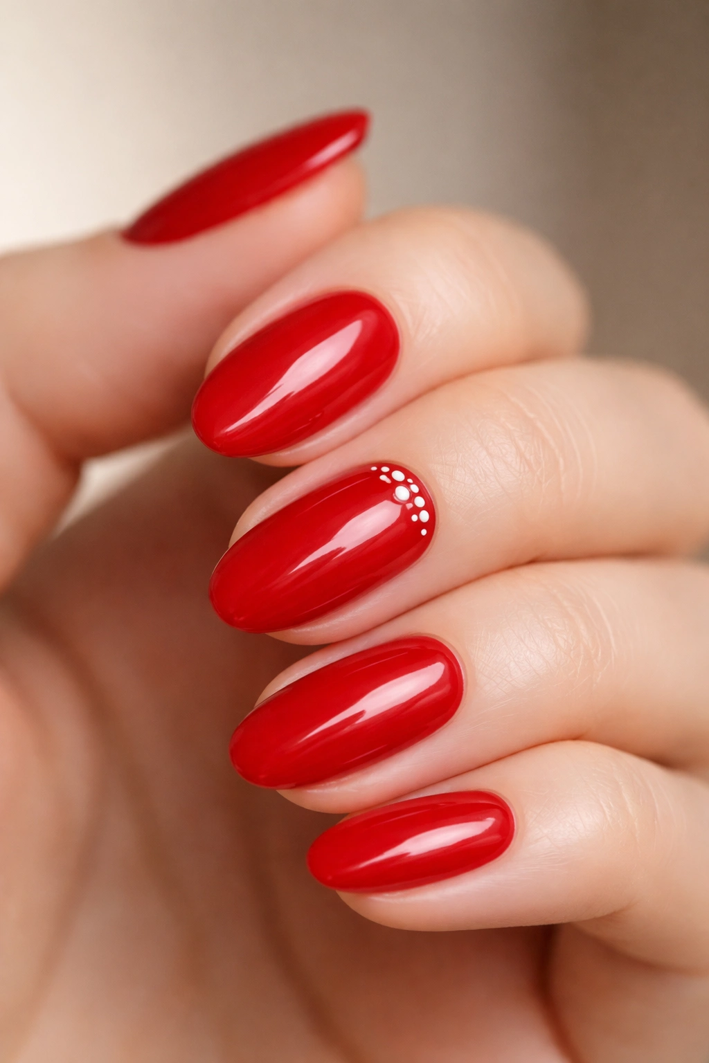 Close-up of a short almond nail with cherry red polish and tiny dot accents