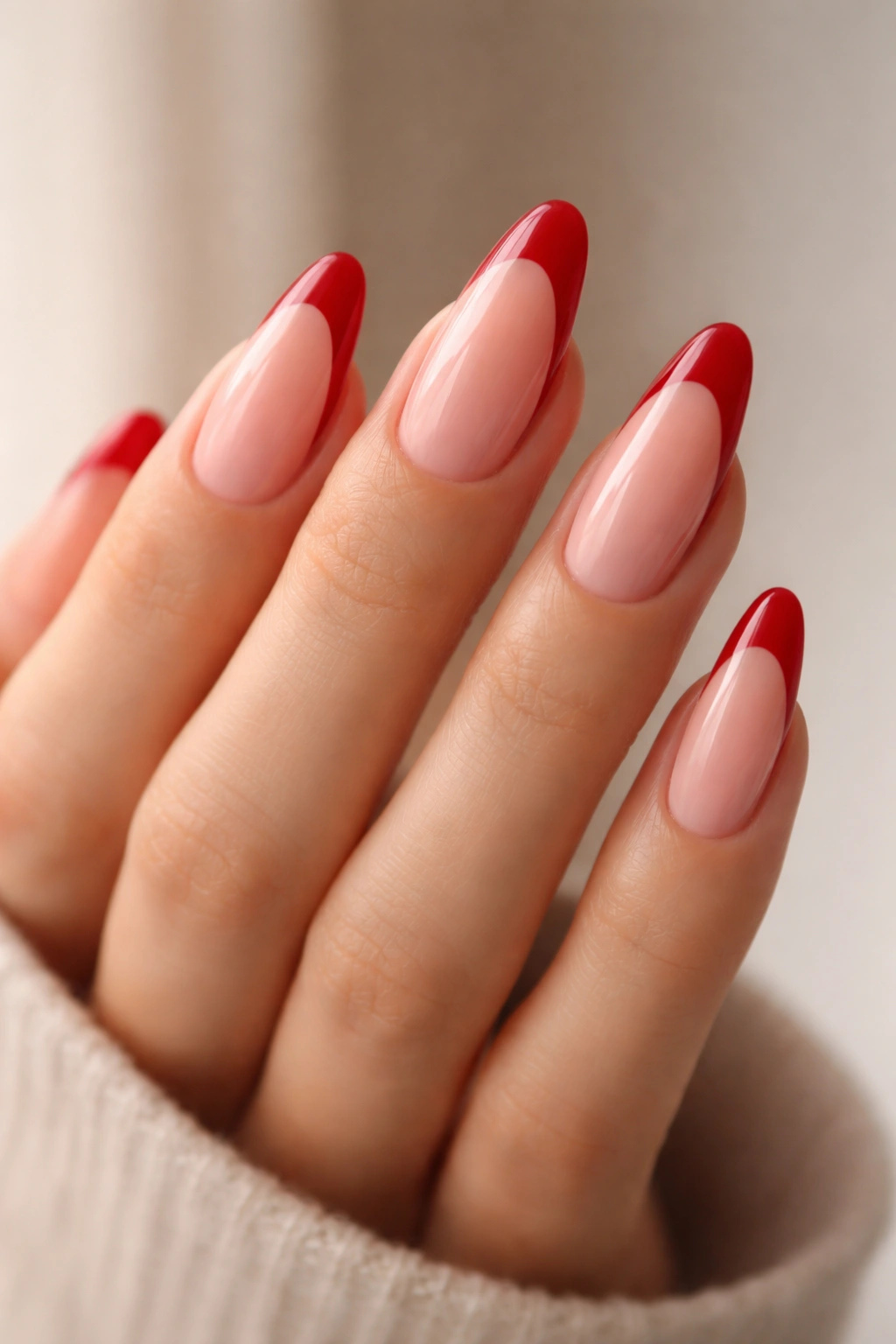Close-up of almond nails with sheer pink base and cherry red French tips