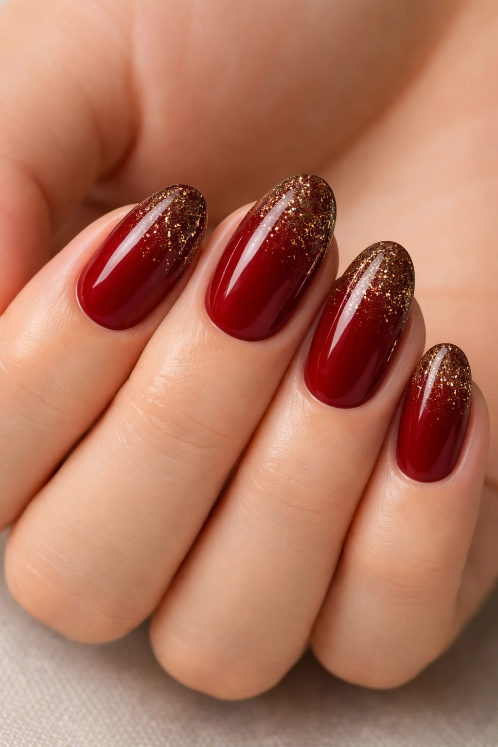 Short almond nails with cherry red base and brown sugar glitter gradient on tips
