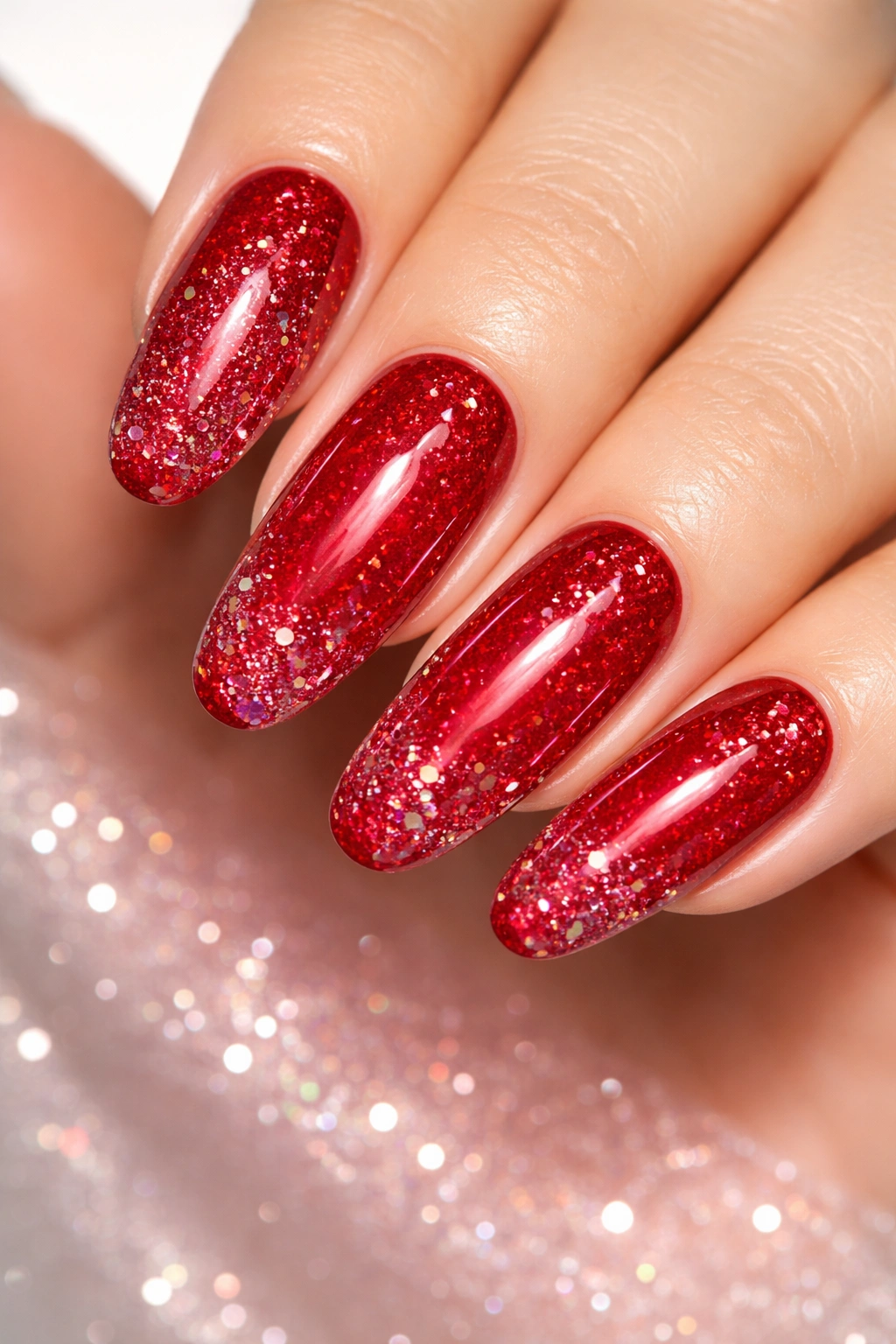 Close-up of glittery cherry red nails on long round nails