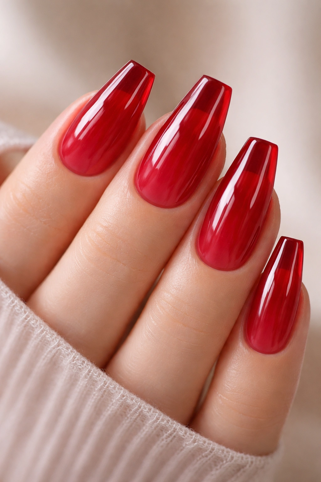 Close-up of cherry red jelly ballerina nails showing translucent glow.
