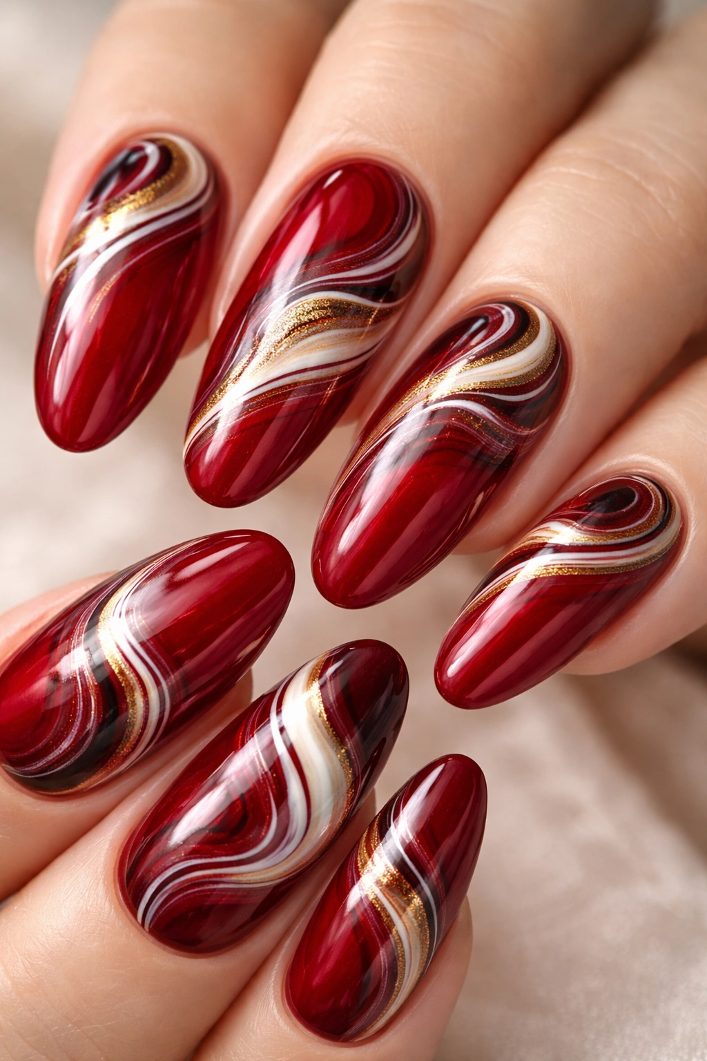Close-up of long round nails with cherry red marble swirl pattern in white, cream, black, and gold.
