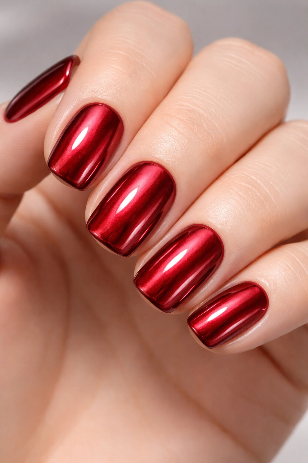 Short squoval nails in cherry red metallic finish with high gloss