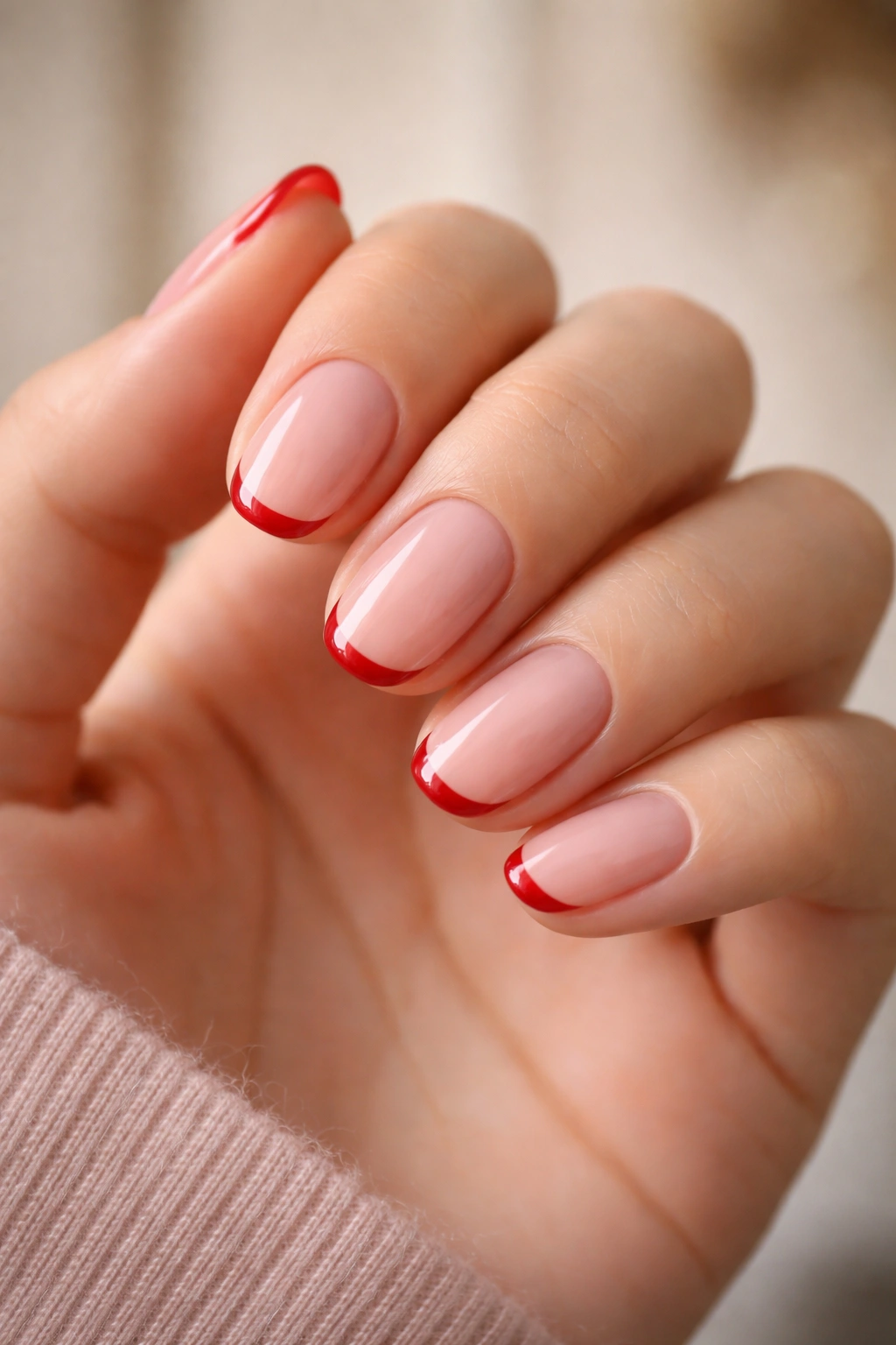 Close-up of short oval nails with cherry red micro-French edge