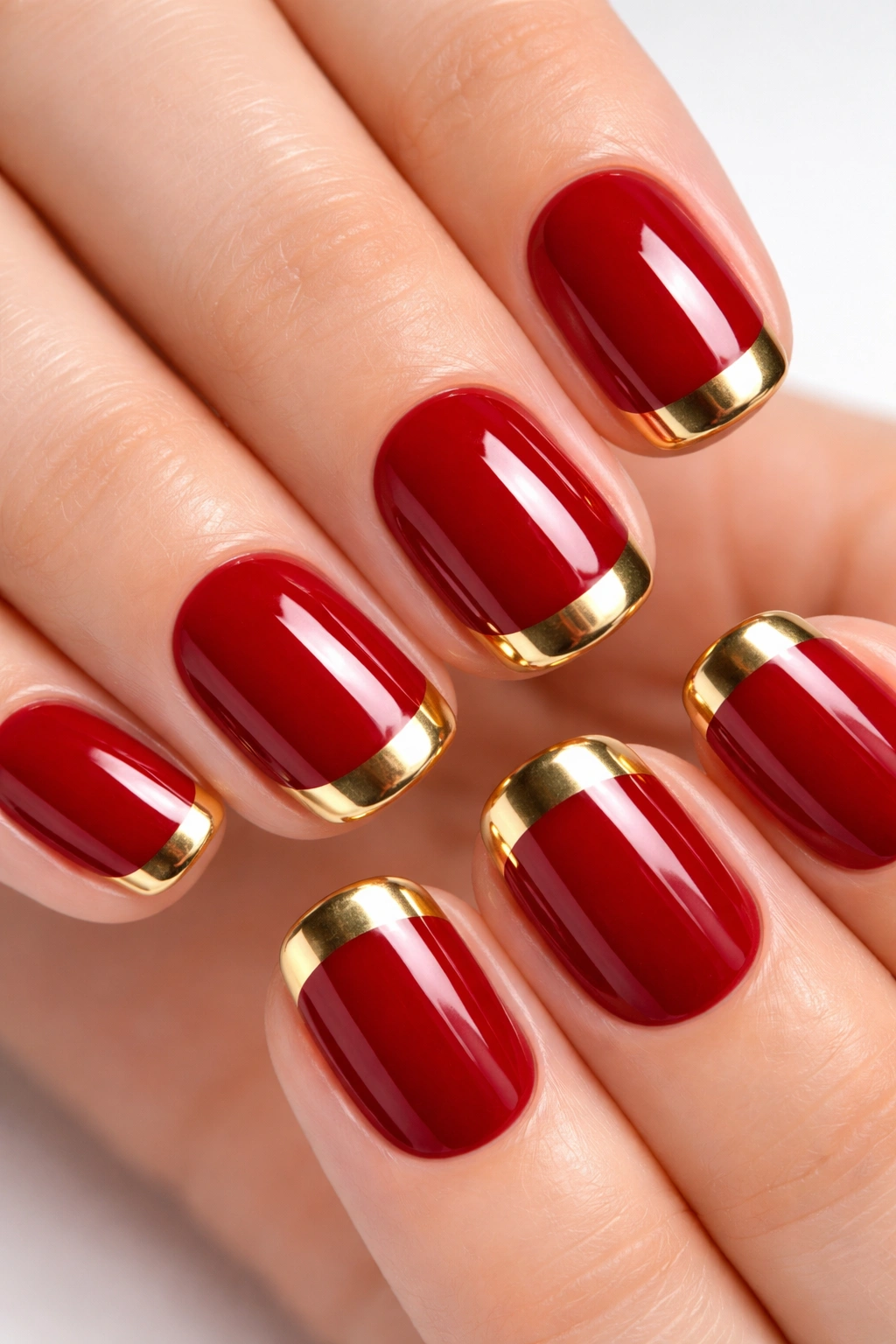 Short squoval nails in glossy cherry red with chrome gold tips.