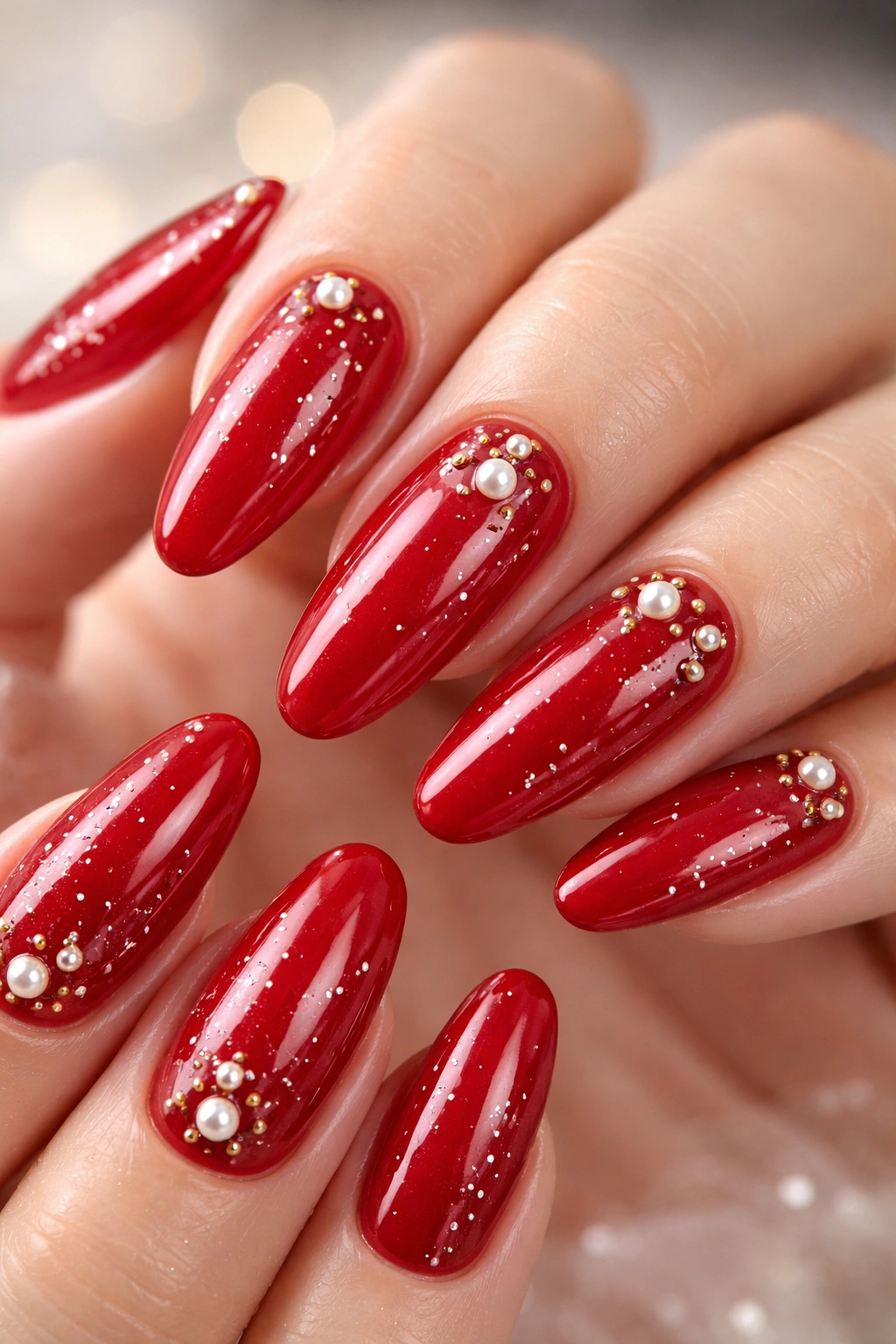 Close-up of cherry red nails with tiny dot and pearl embellishments.