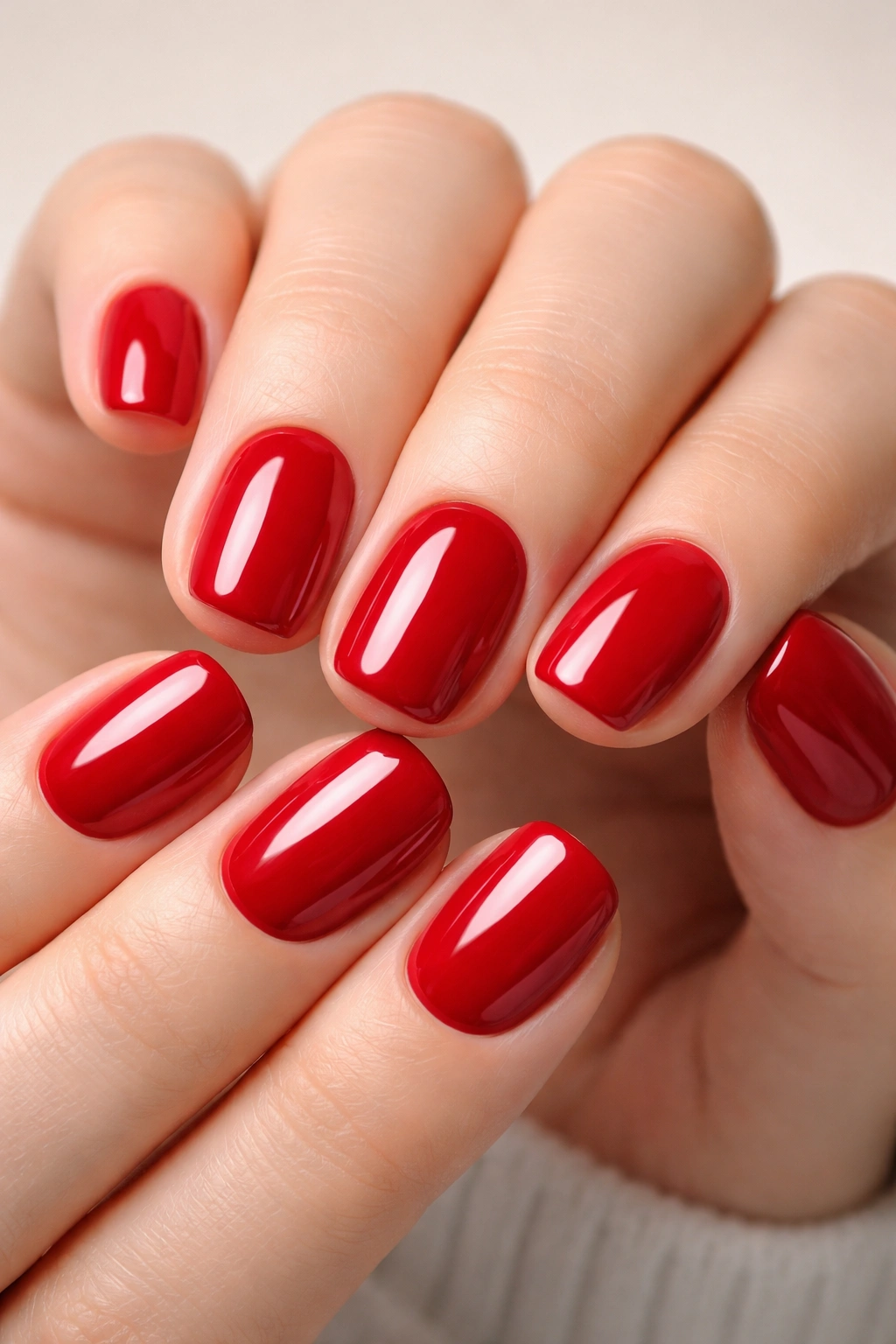 Close-up of glossy cherry red manicure on short squoval nails
