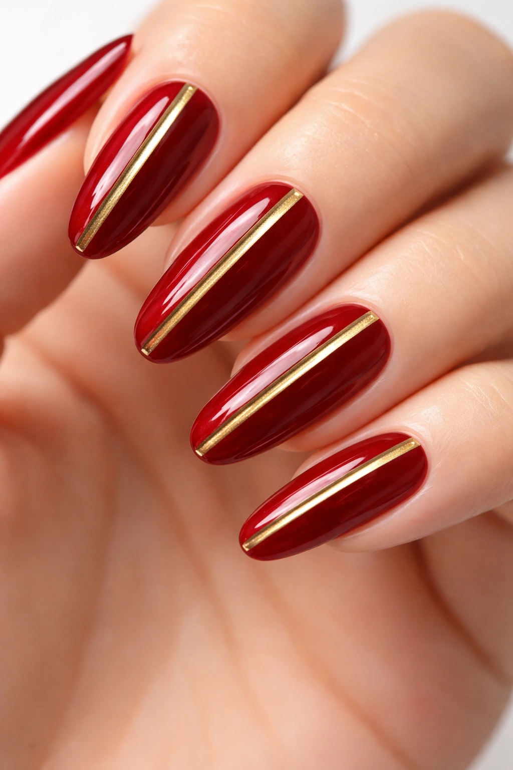 Close-up of cherry red nails with thin gold metallic accents