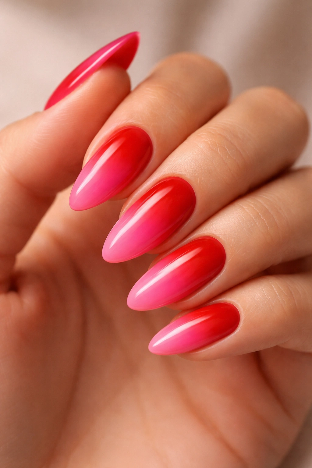 Almond nails cherry red to hot pink gradient