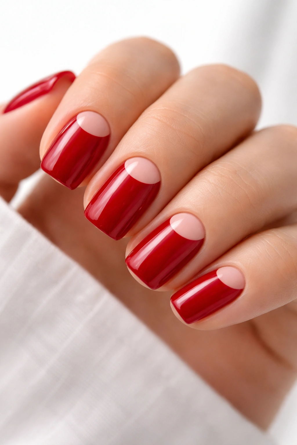 Close-up of cherry red squoval nails with a negative-space half-moon at the base.