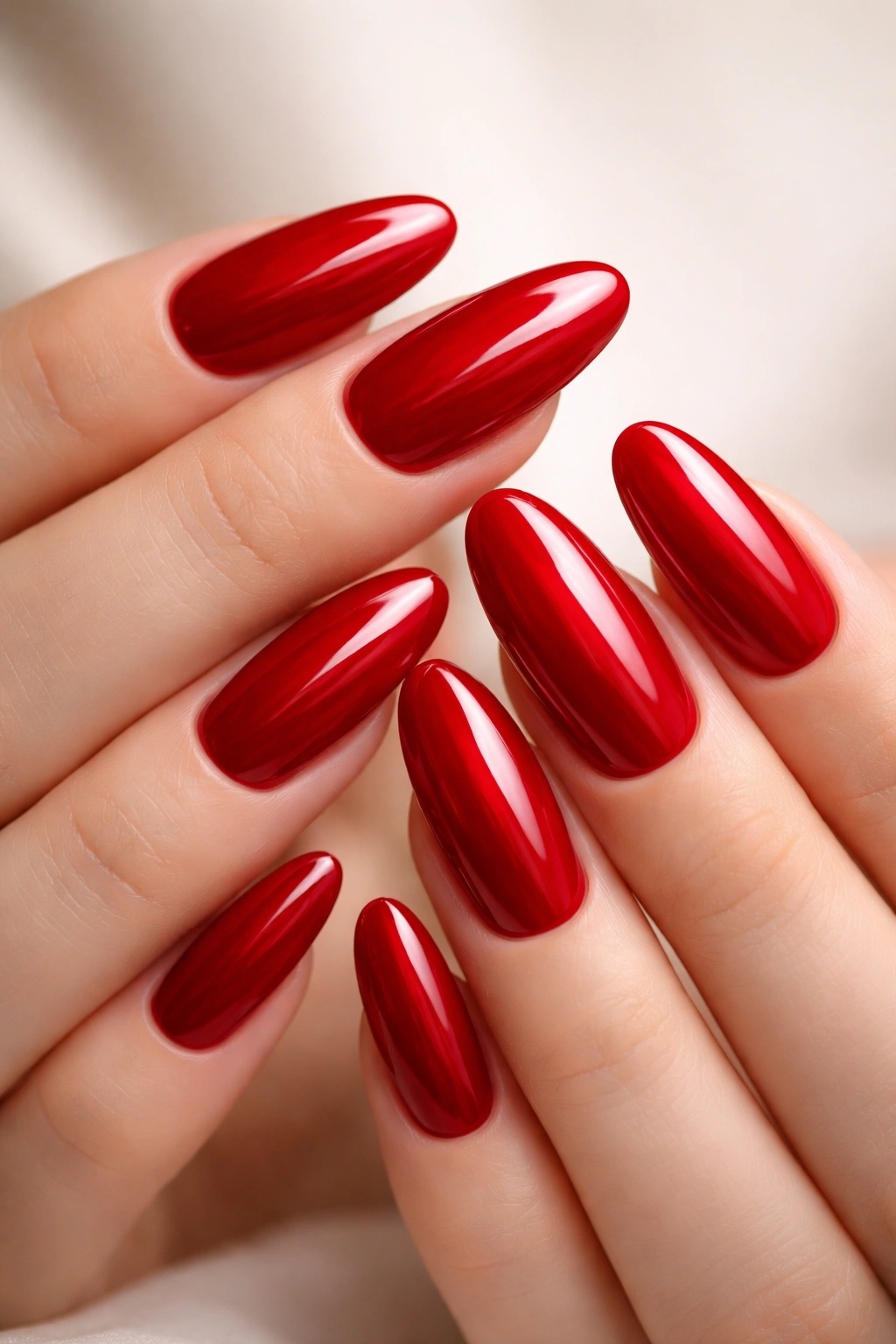 Close-up of long, round nails in cherry red with a glossy finish under studio lighting