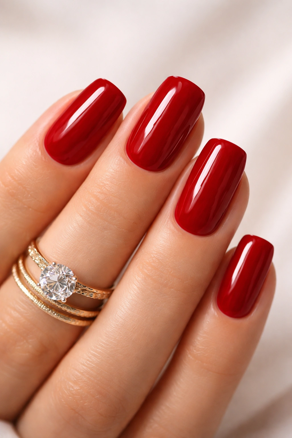 Close-up of cherry red nails with a glossy finish on a neutral background