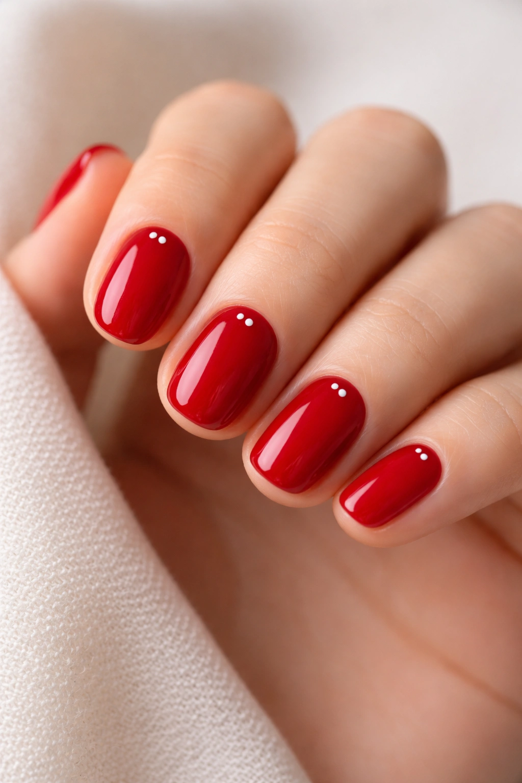 Close-up of cherry red short oval nails with tiny micro-dots near the cuticle.
