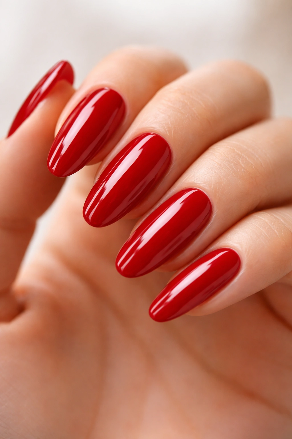 Close-up of long oval nails with glossy cherry red polish and mirror shine.