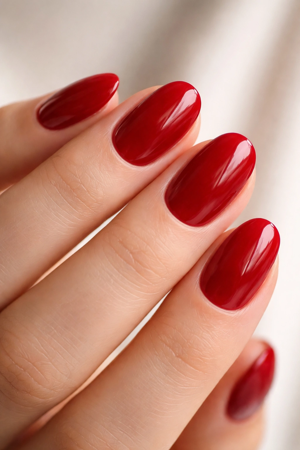 Close-up of short oval nails painted blue-based cherry red with a glossy finish