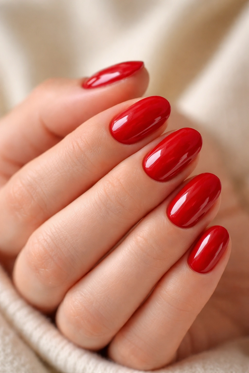 Close-up of short oval nails in cherry red with a bright glossy finish