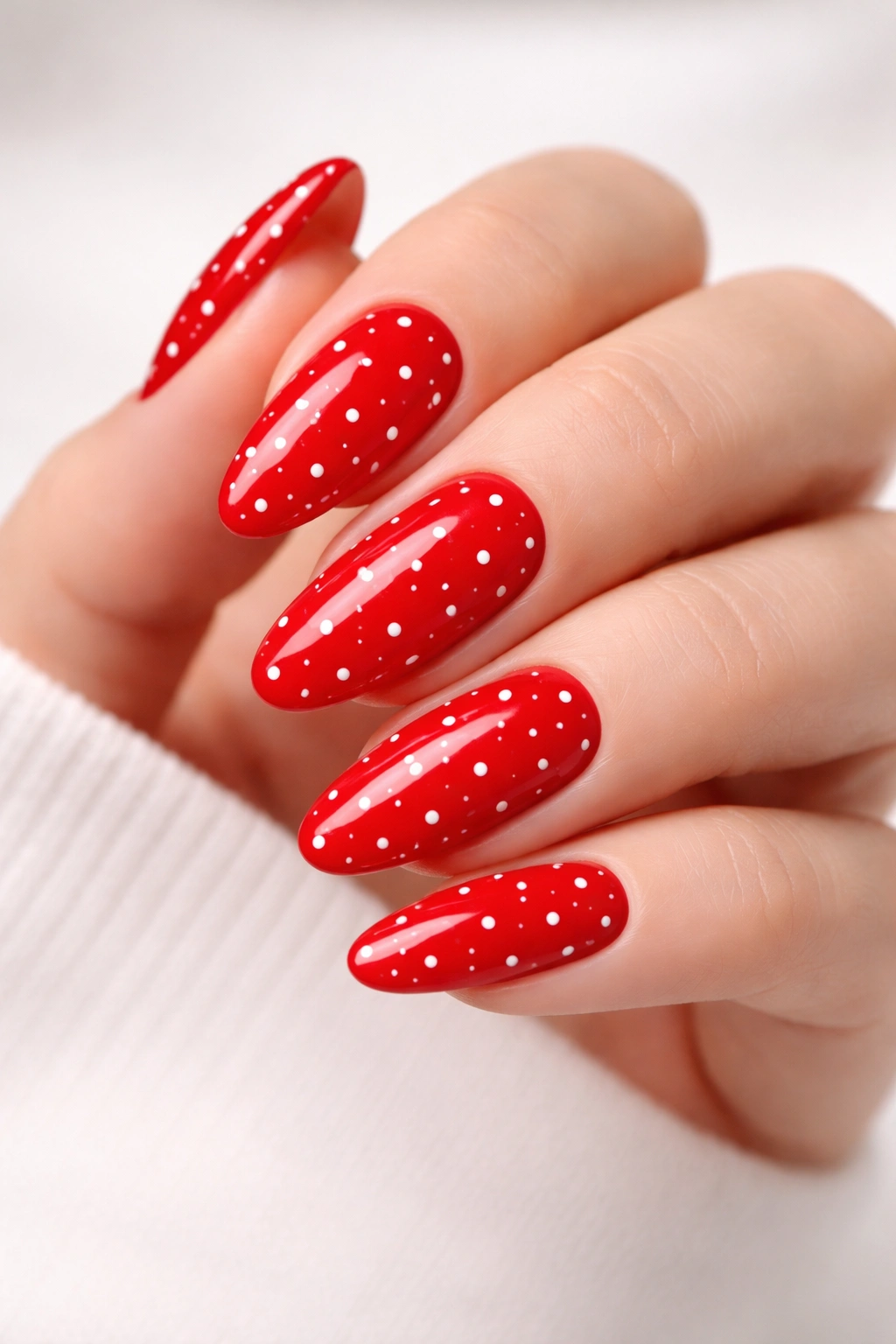 Close-up of cherry red nails with small white dot pattern