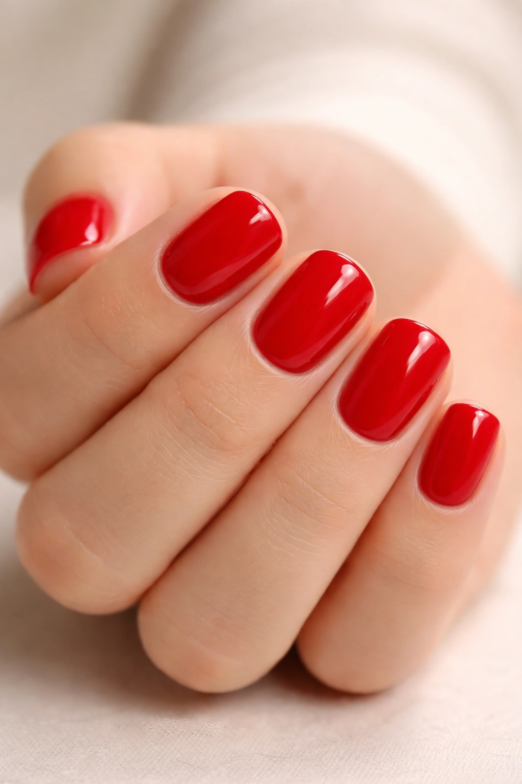 Close-up of short nails painted bright cherry red with high gloss.