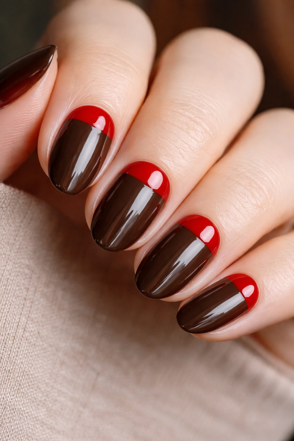 Short almond nails with dark walnut base and cherry red half-moon at the cuticle