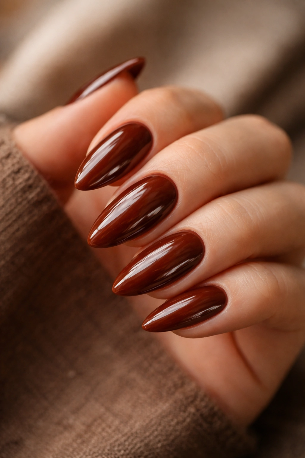 Close-up of glossy chestnut almond nails on a neutral background.