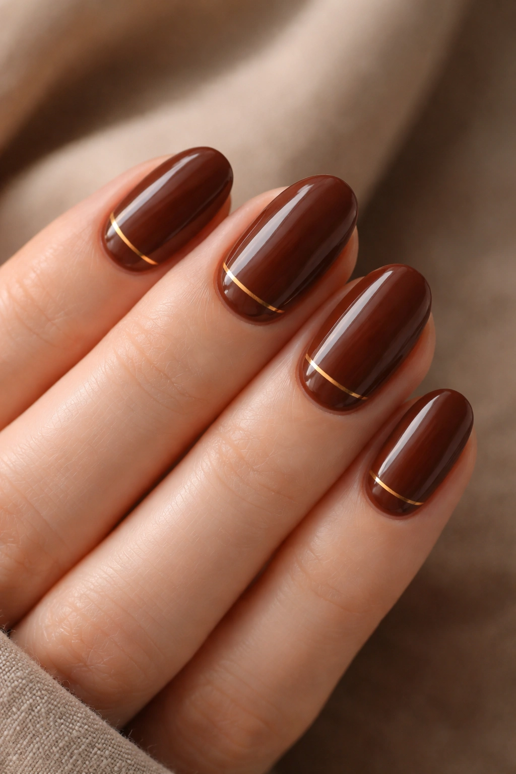 Close-up of short oval chestnut brown nails with a thin gold accent