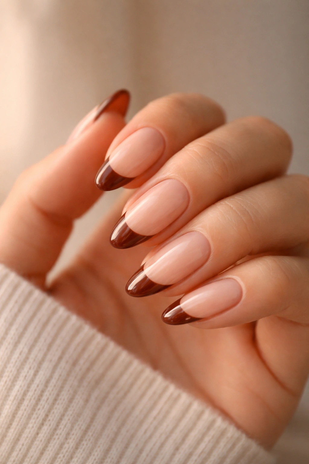 Almond nails with chestnut French tips and barely-there base in warm studio lighting