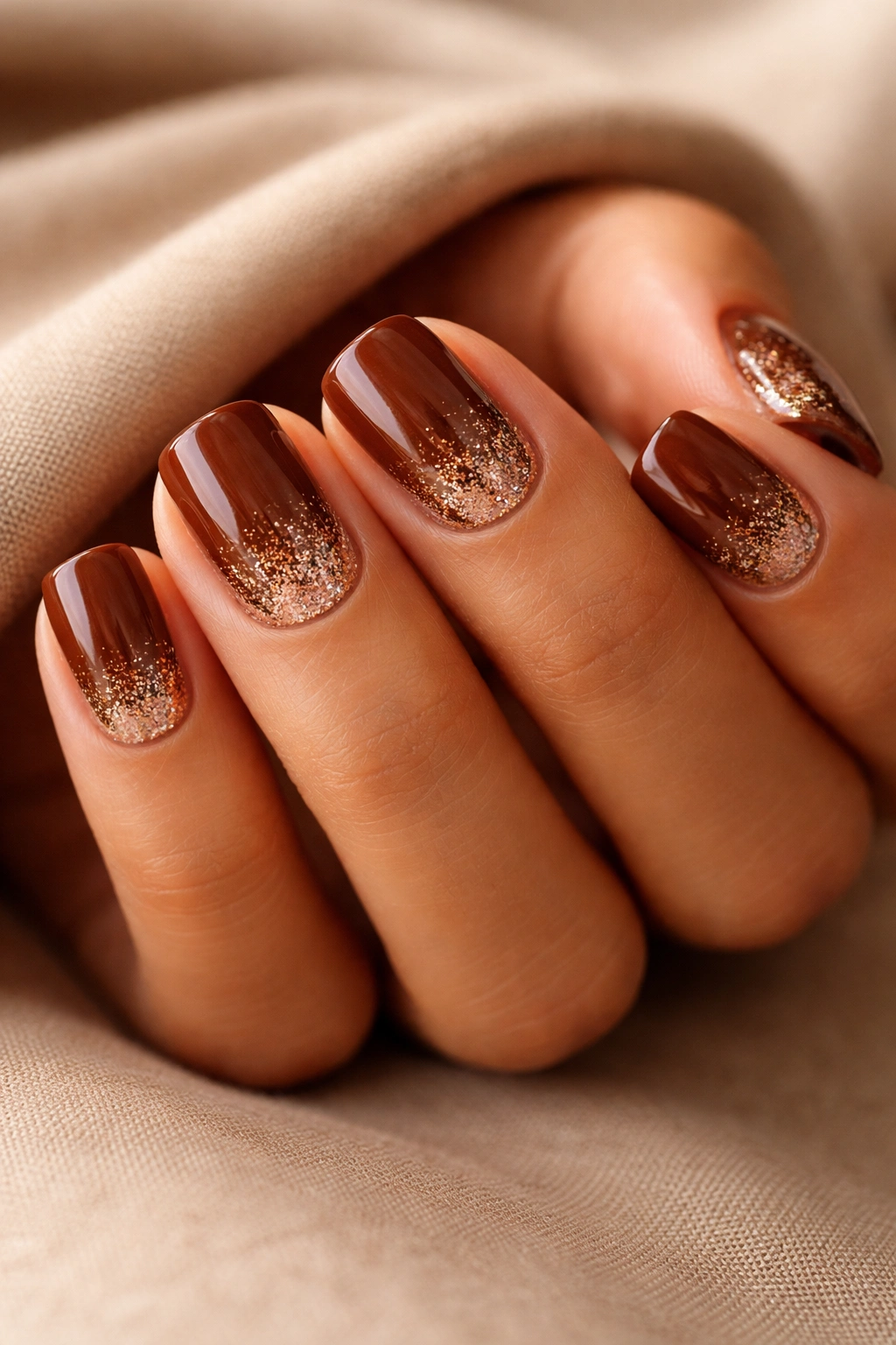 Close-up of rich chestnut nails with a glitter gradient at the tips