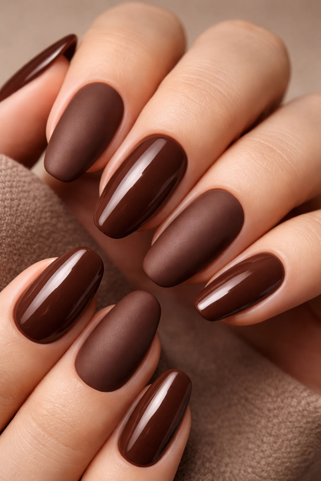 Close-up of chestnut nails showing matte and glossy finish contrast.