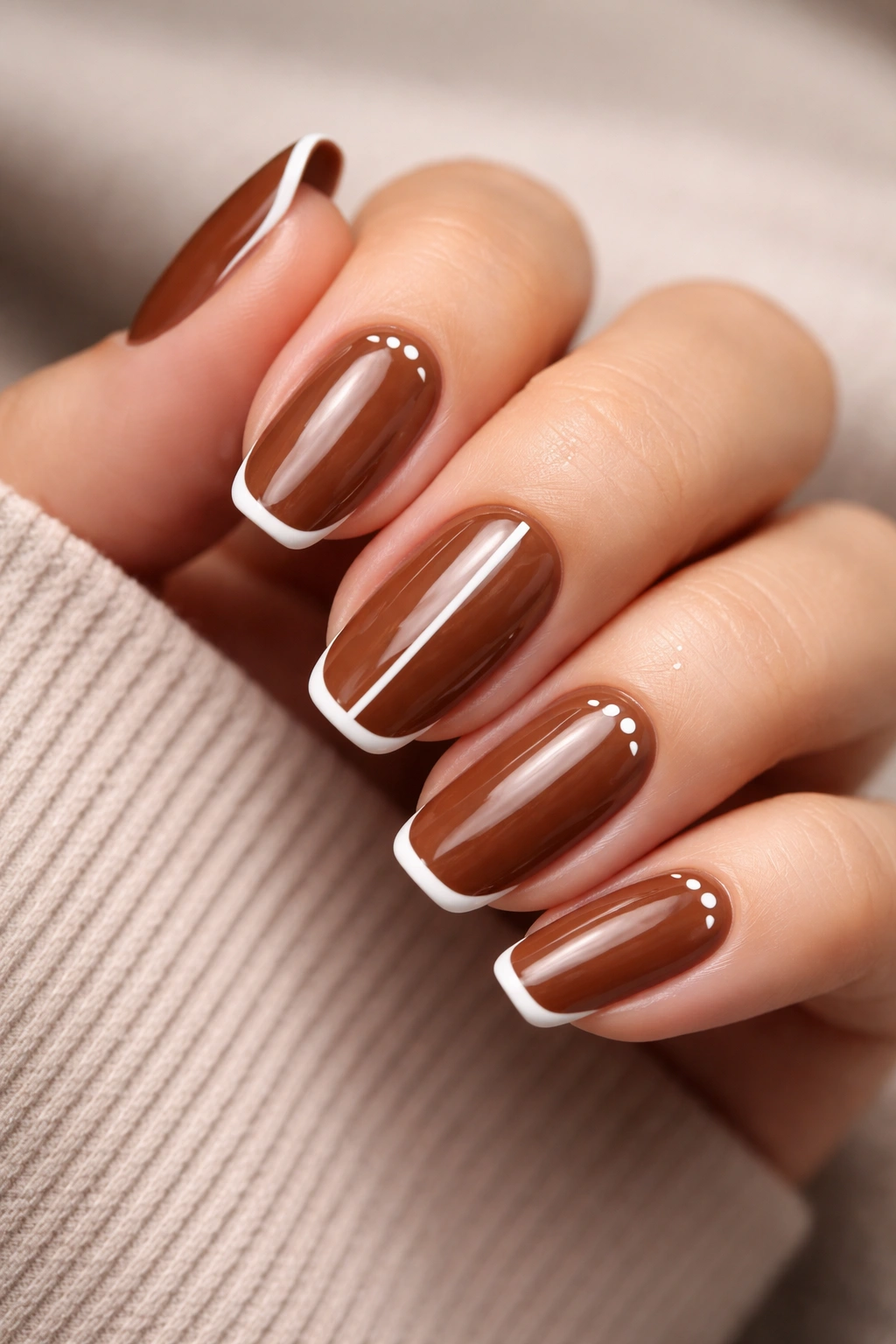 Close-up of chestnut brown nails with white details