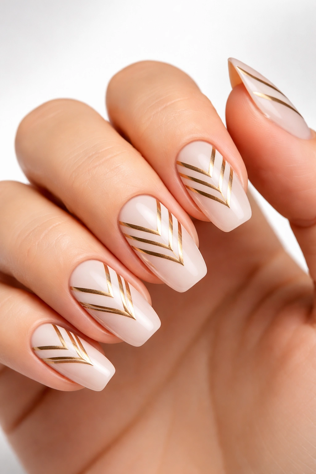 Close-up of nails with chevron stripes and metallic gold accents on a pale base.
