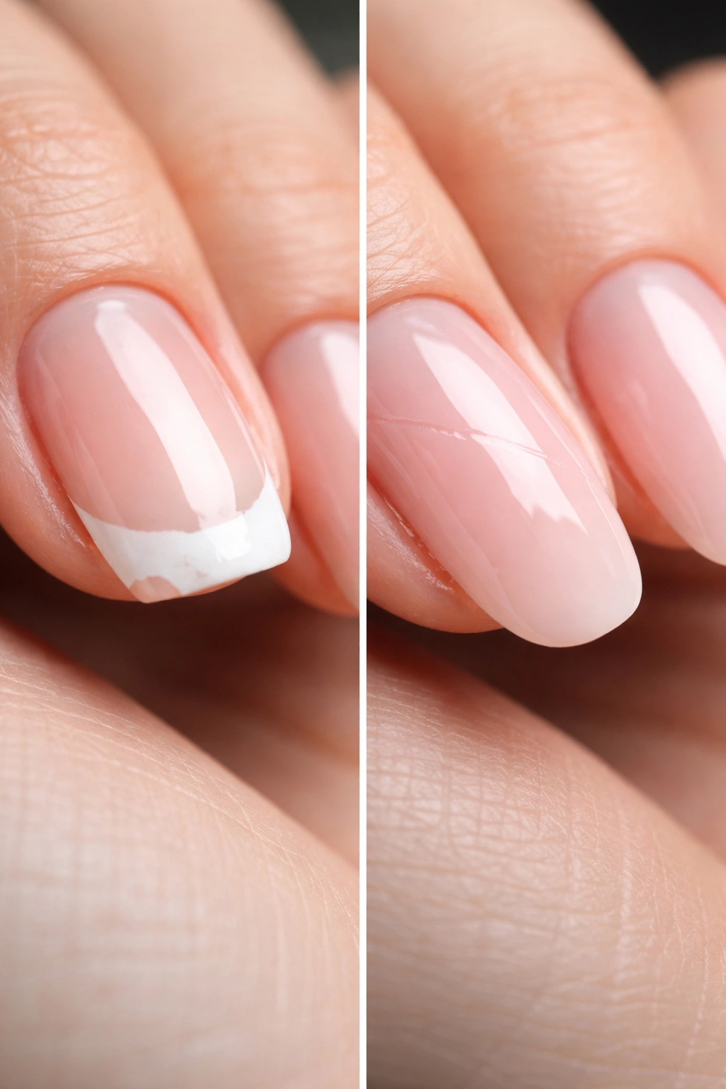 Close-up of chipped acrylic and cracked gel nails