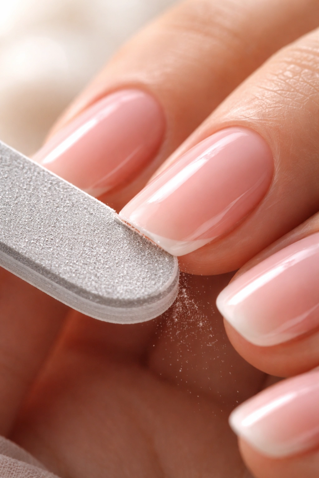 Gel nail with chip being smoothed with a soft file