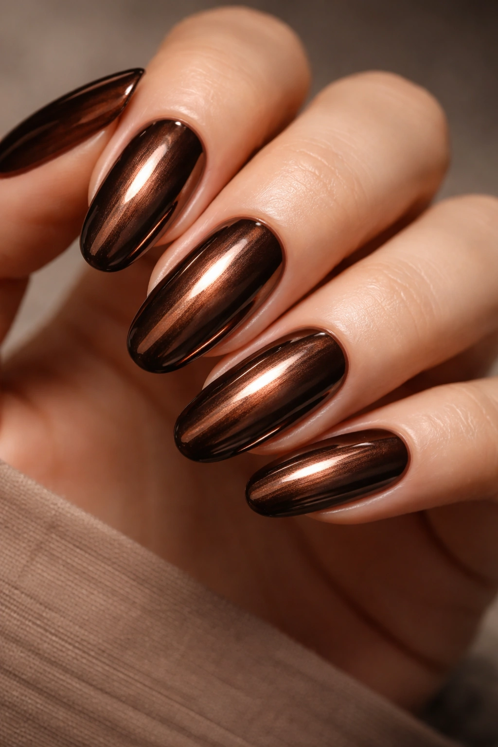 Close-up of Chocolate Bronze Chrome nails in deep brown bronze shade