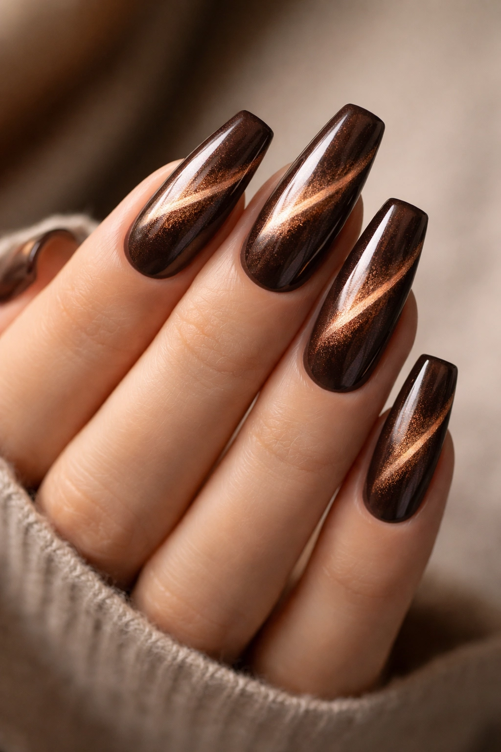Close-up of chocolate bronze magnetic nails on a hand