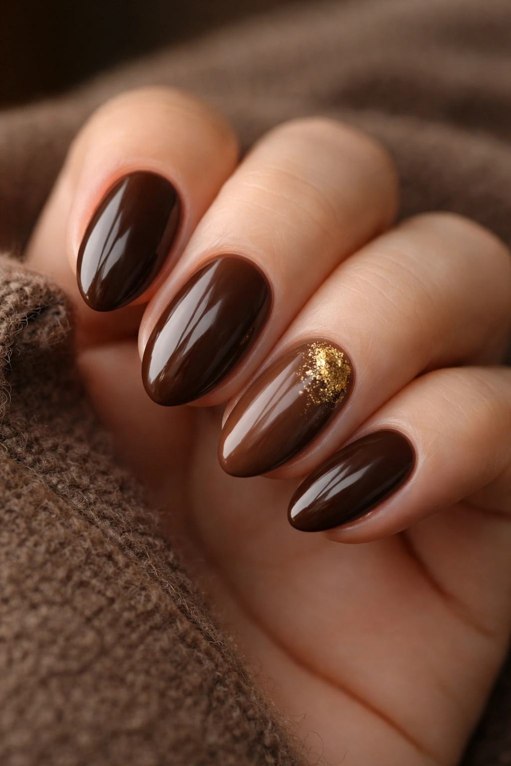 Close-up of short almond nails in chocolate brown with gold accent