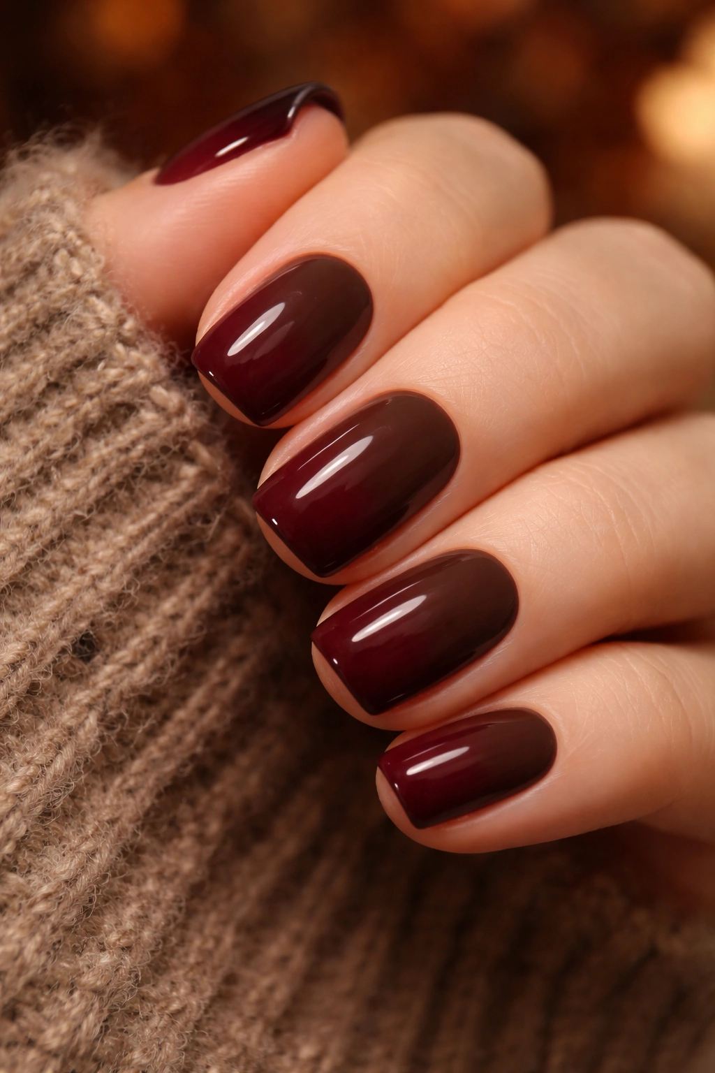 Close-up of chocolate brown to burgundy gradient nails