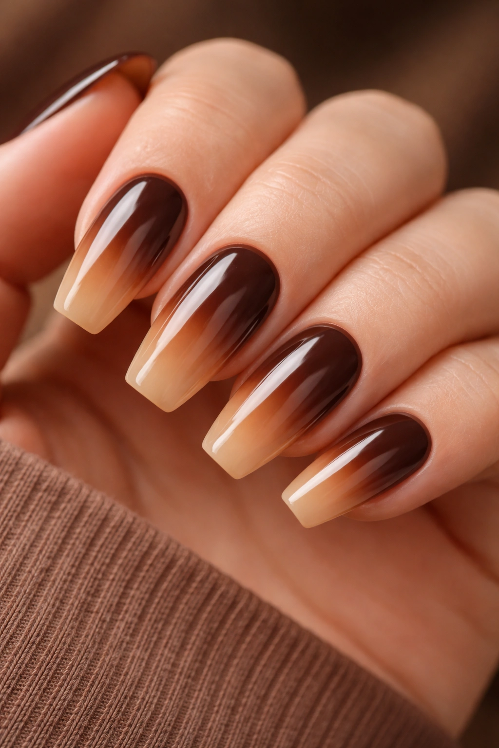 Medium coffin nails with chocolate brown to caramel ombre