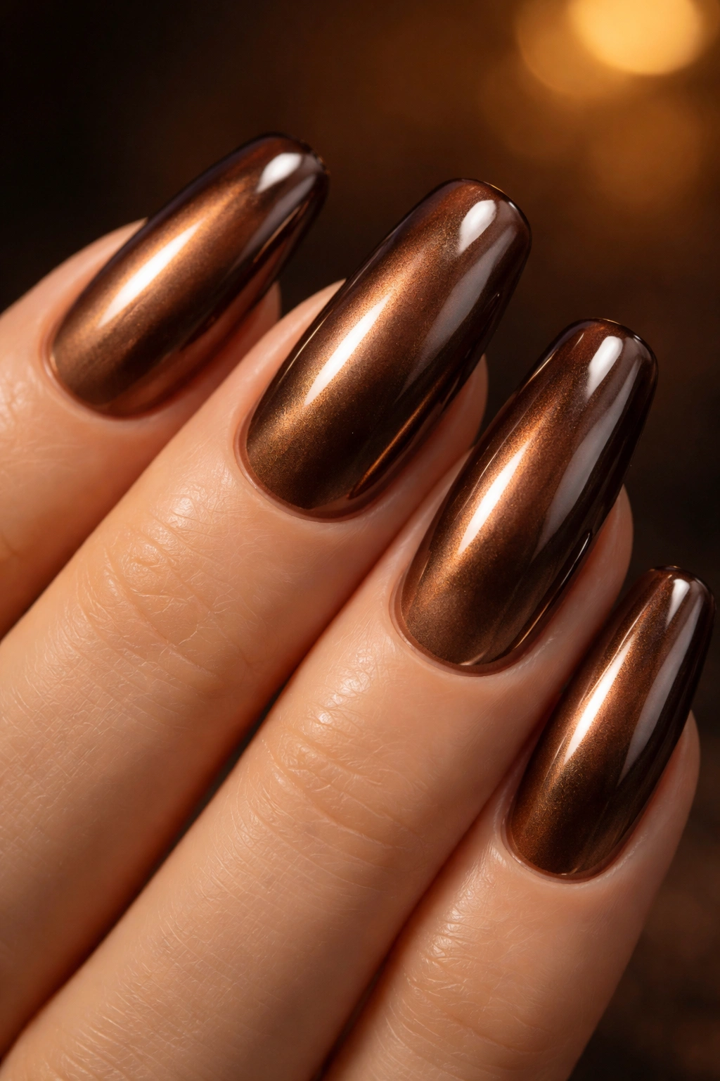 Chocolate brown chrome nails with warm metallic glow