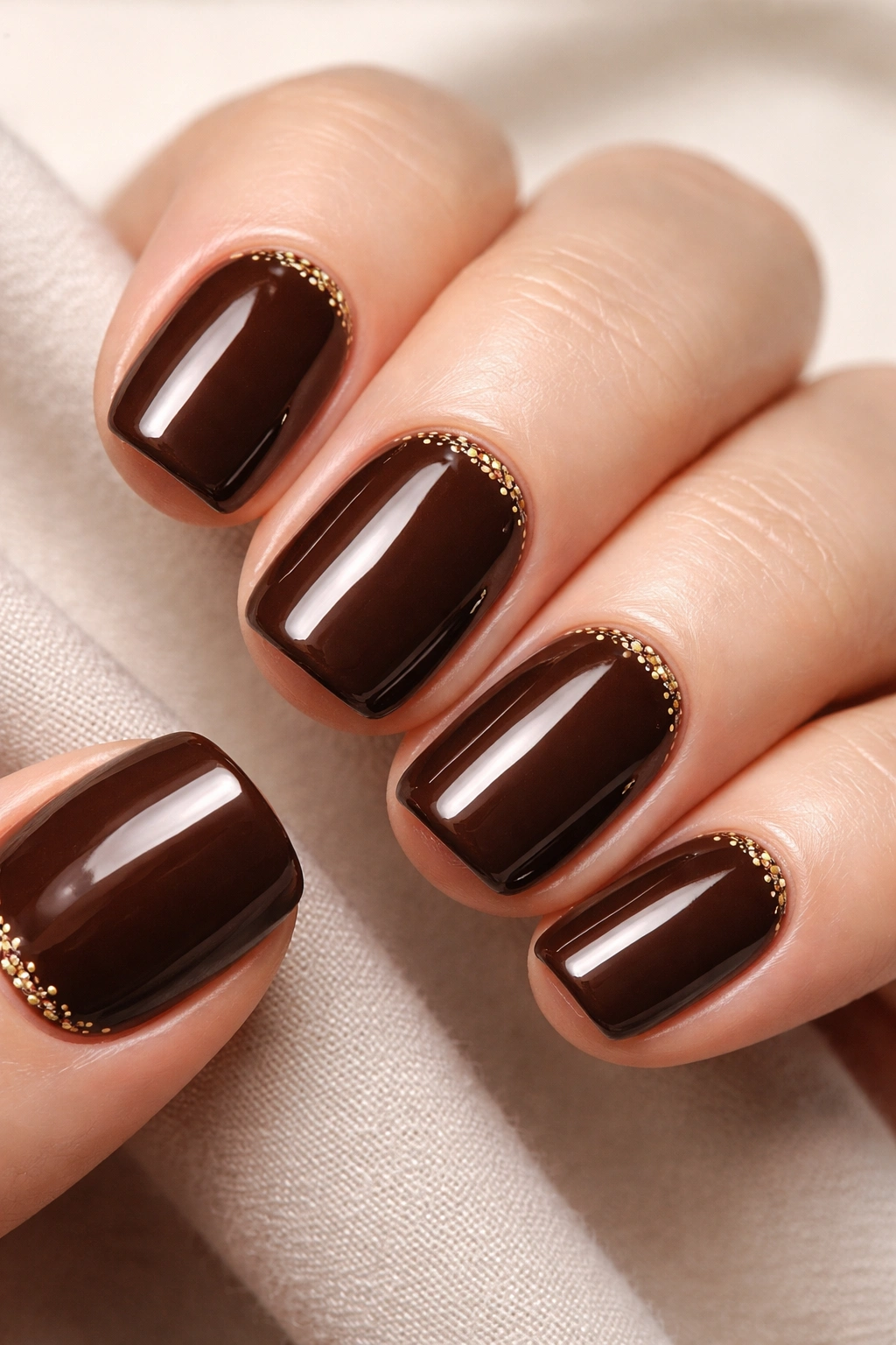 Close-up of rich chocolate brown nails with a simple cuticle design