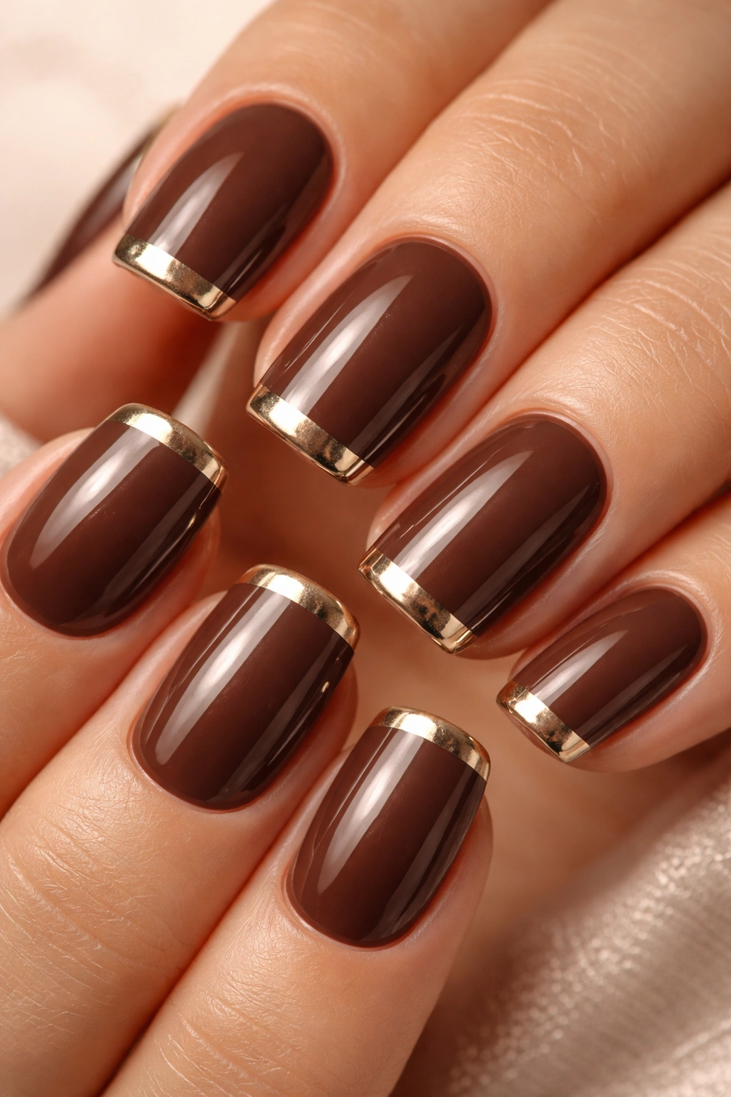 Close-up of short squoval nails with chocolate brown base and metallic tips