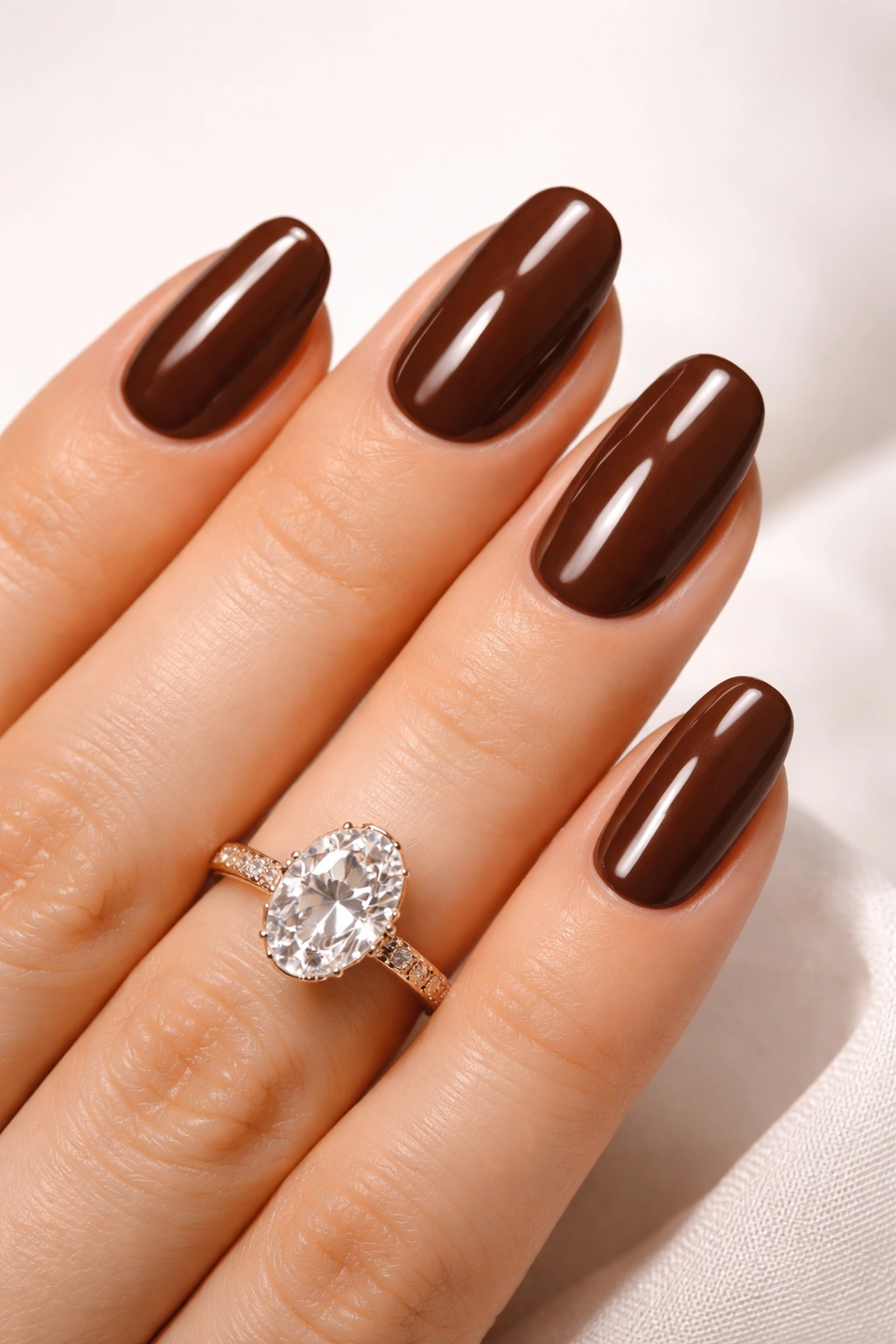 Close-up of chocolate brown nails with warm undertones
