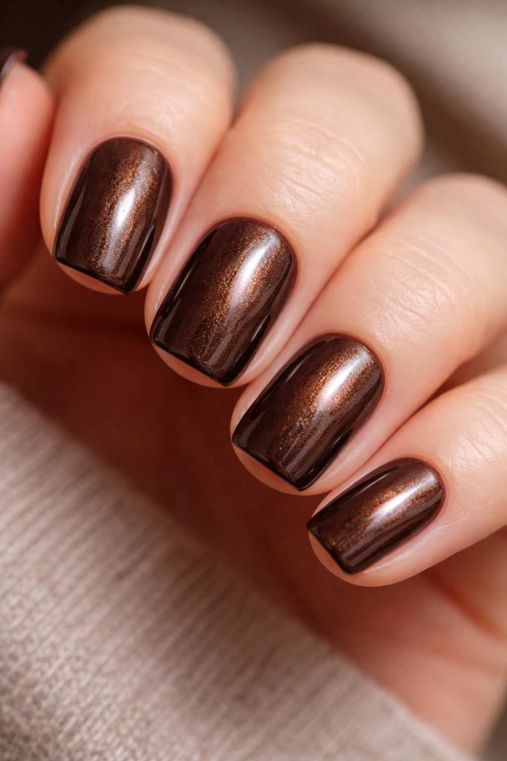 Close-up of chocolate brown squoval nails with subtle dimension and metallic sheen