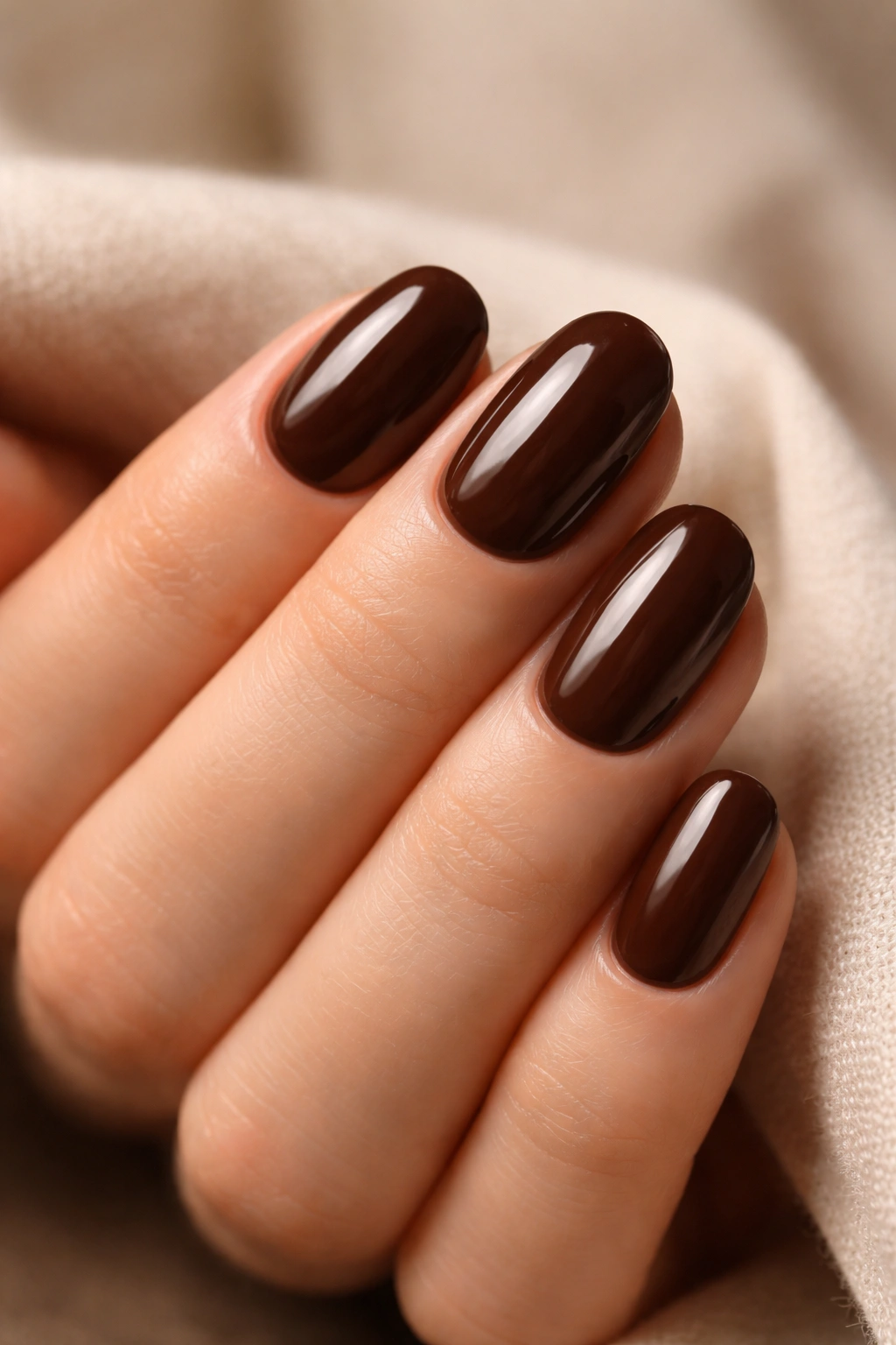 Close-up of short oval nails in chocolate brown with a glossy lacquer finish