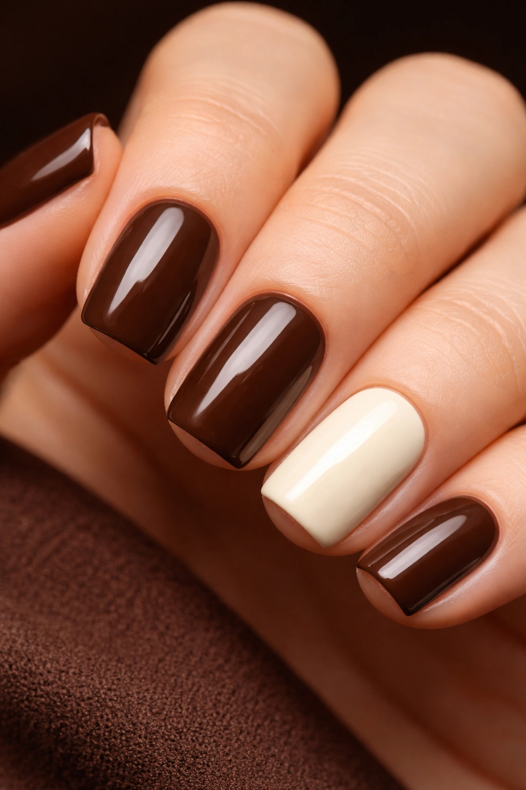 Close-up of chocolate brown nails with a cream accent nail