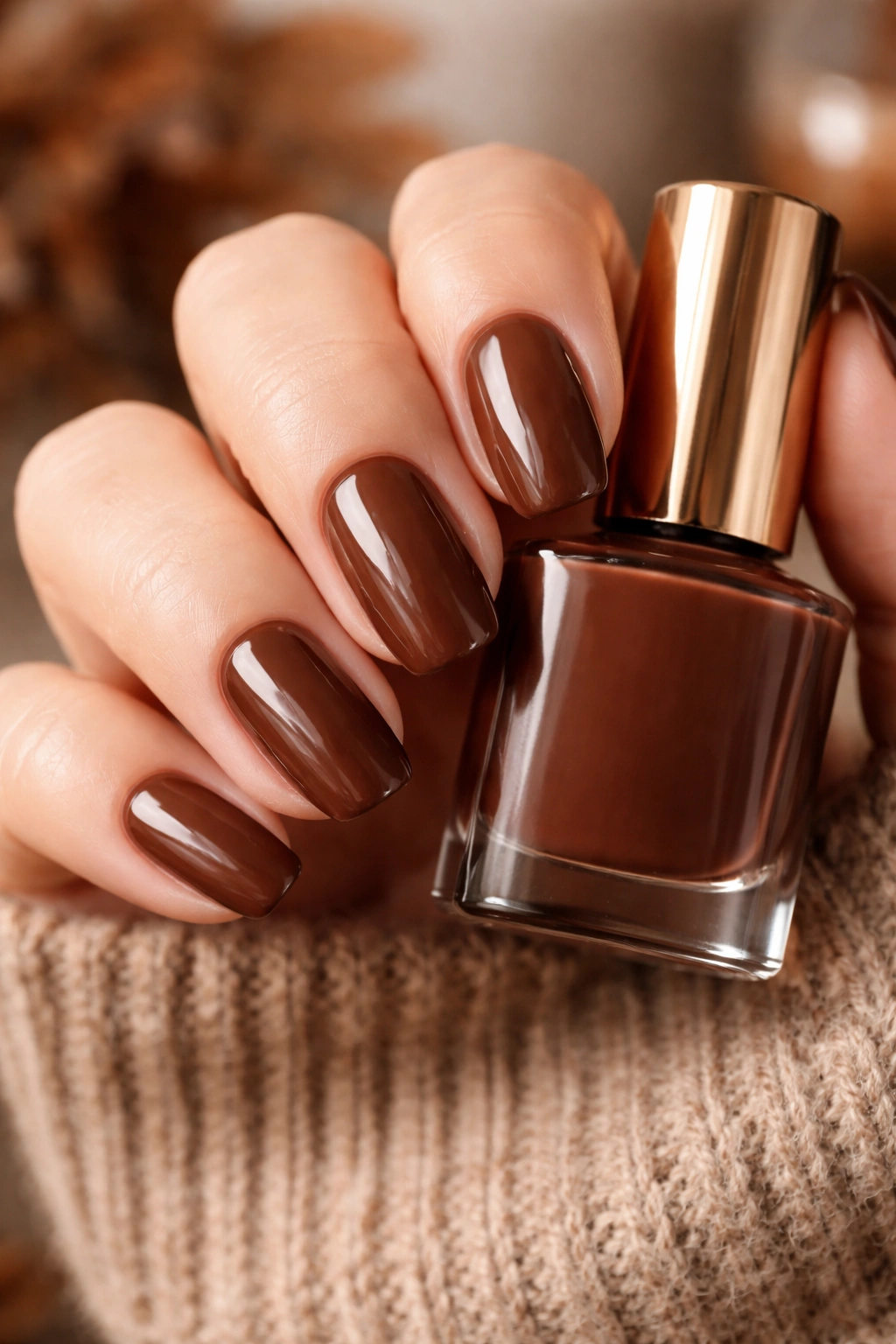 Close-up of nails in warm chocolate brown tones with a creamy finish