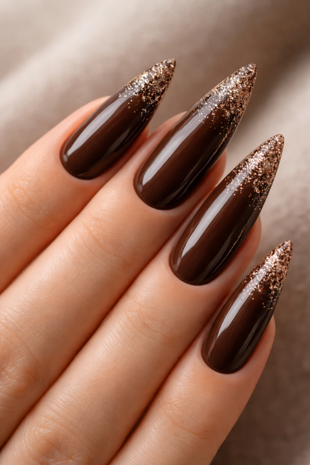 Close-up of chocolate brown nails with glitter tips on stiletto nails