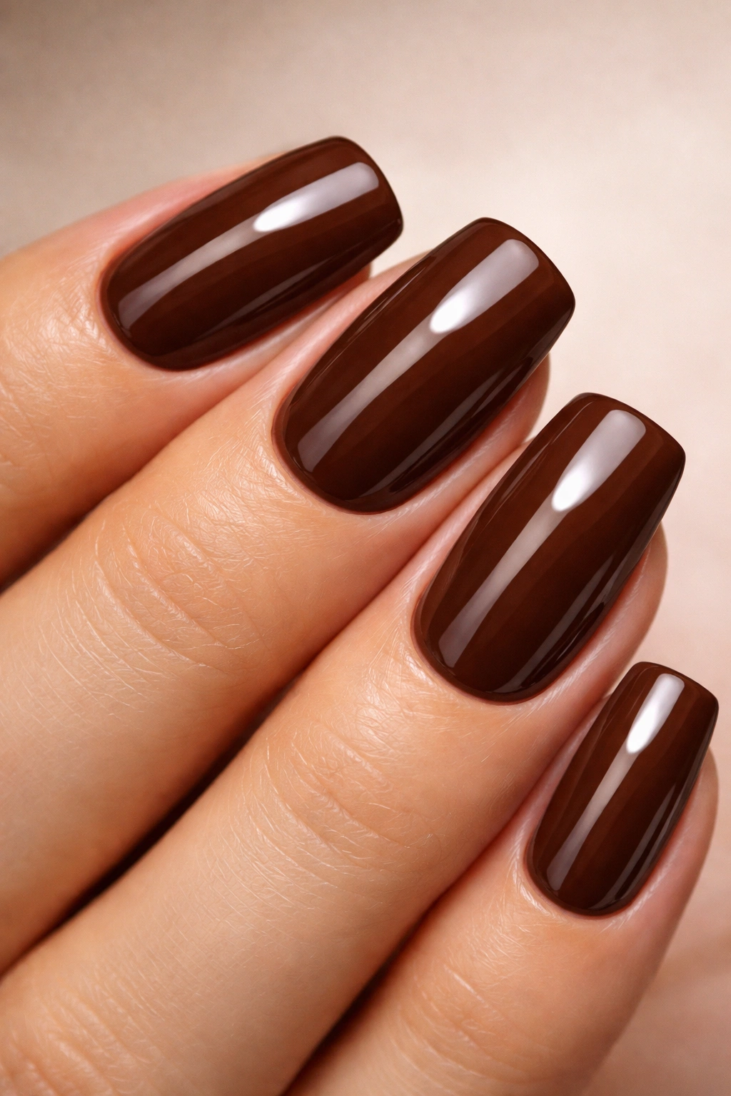 Close-up of glossy chocolate brown soft square nails